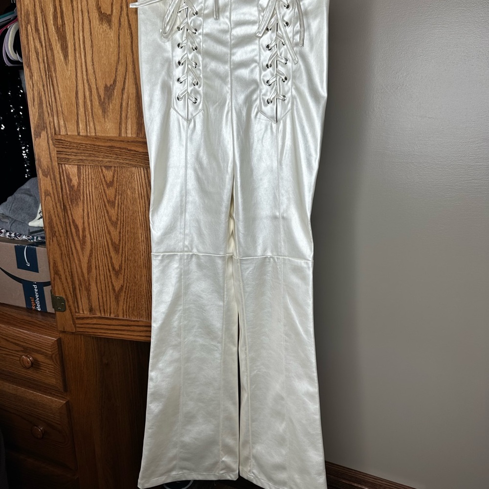 Cream Lace-Up Flare Pants with Wide Waistband
